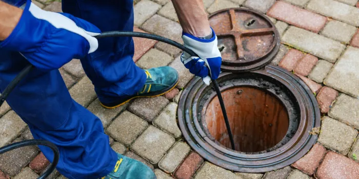 sewer cleaning service - worker clean a clogged drainage with hydro jetting