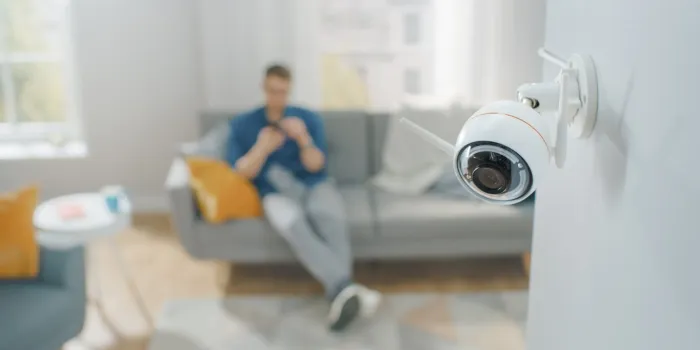 close up object shot of a modern wi-fi surveillance camera with two antennas on a white wall in a cozy apartment man is sitting on a sofa in the background