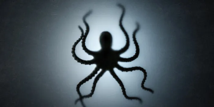 octopus behind a dusty scratched glass