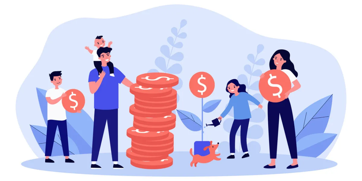 happy family saving money mom holding coin, girl watering money tree, stack of coins flat vector illustration family or household budget concept for banner, website design or landing web page