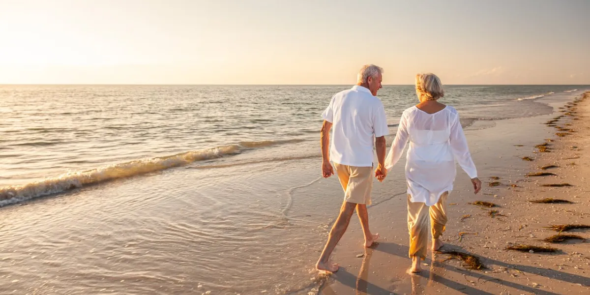 happy senior man and woman old retired couple walking and holding hands on a beach at sunset