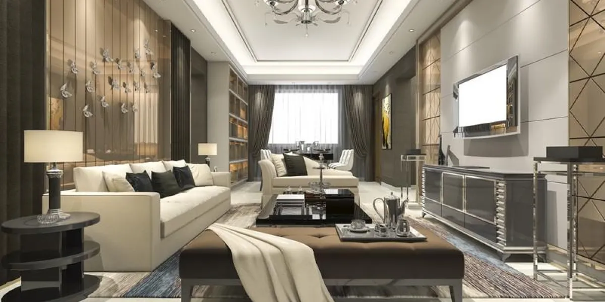 3d rendering luxury and modern living room with chandelier