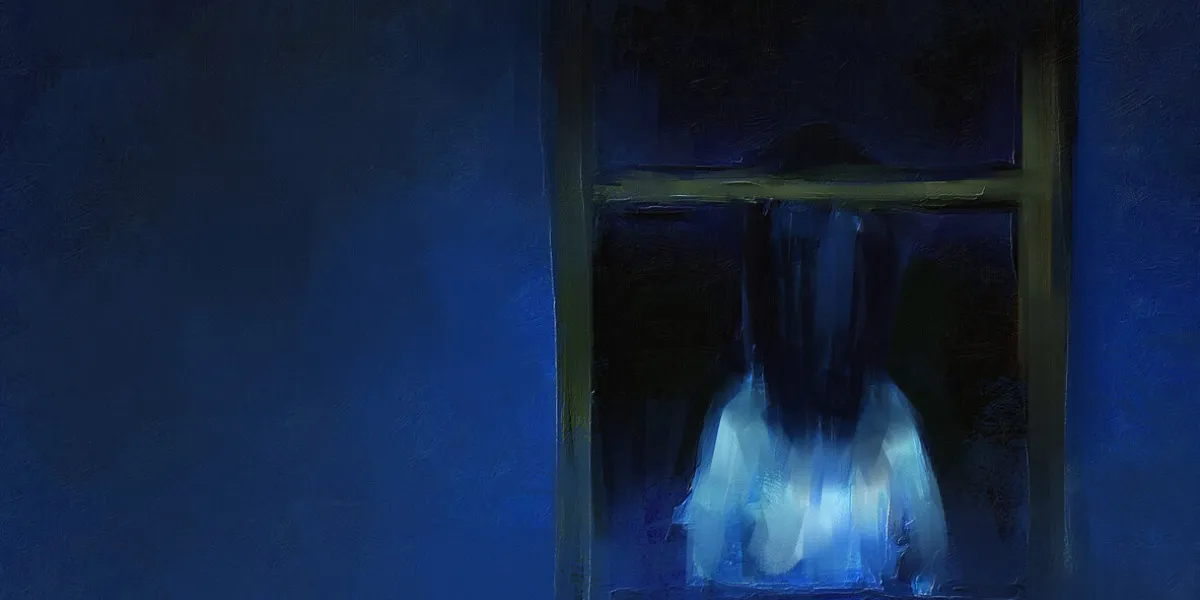 digital painting of horror girl behind the window, oil on canvas texture