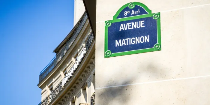 avenue matignon street sign in paris, france