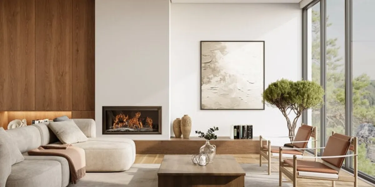 minimalist living room interior with modern fireplace and white walls interior mockup, 3d render