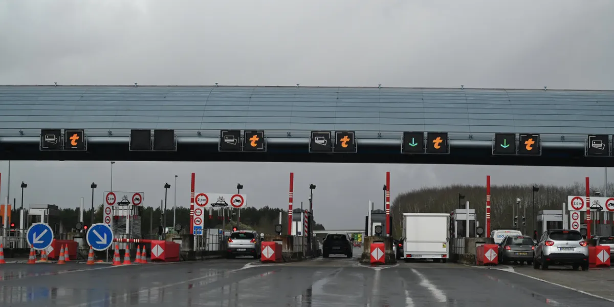 nantes, france, march 11, 2022   bignon toll station in nantes on the a63 highway