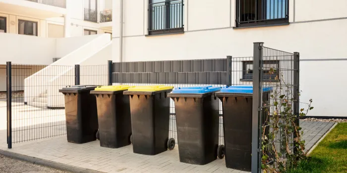 recycle, waste and garbage bins near new residential apartment building, environmental protection