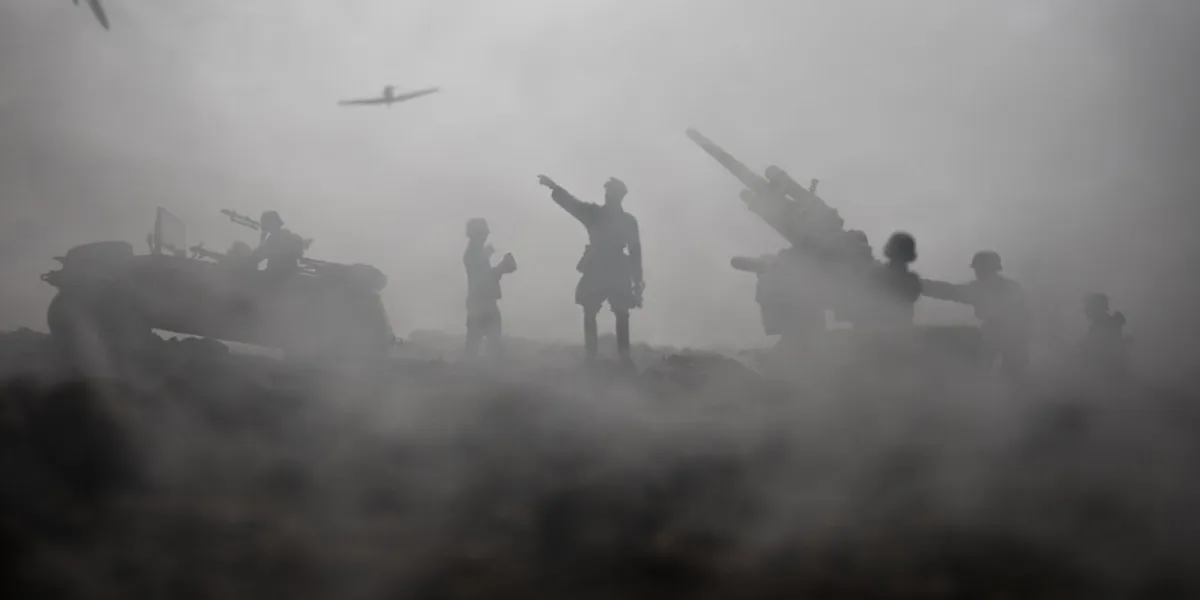 an anti-aircraft cannon and military silhouettes fighting scene on war fog sky background allied air forces attacking on german positions artwork decorated scene selective focus