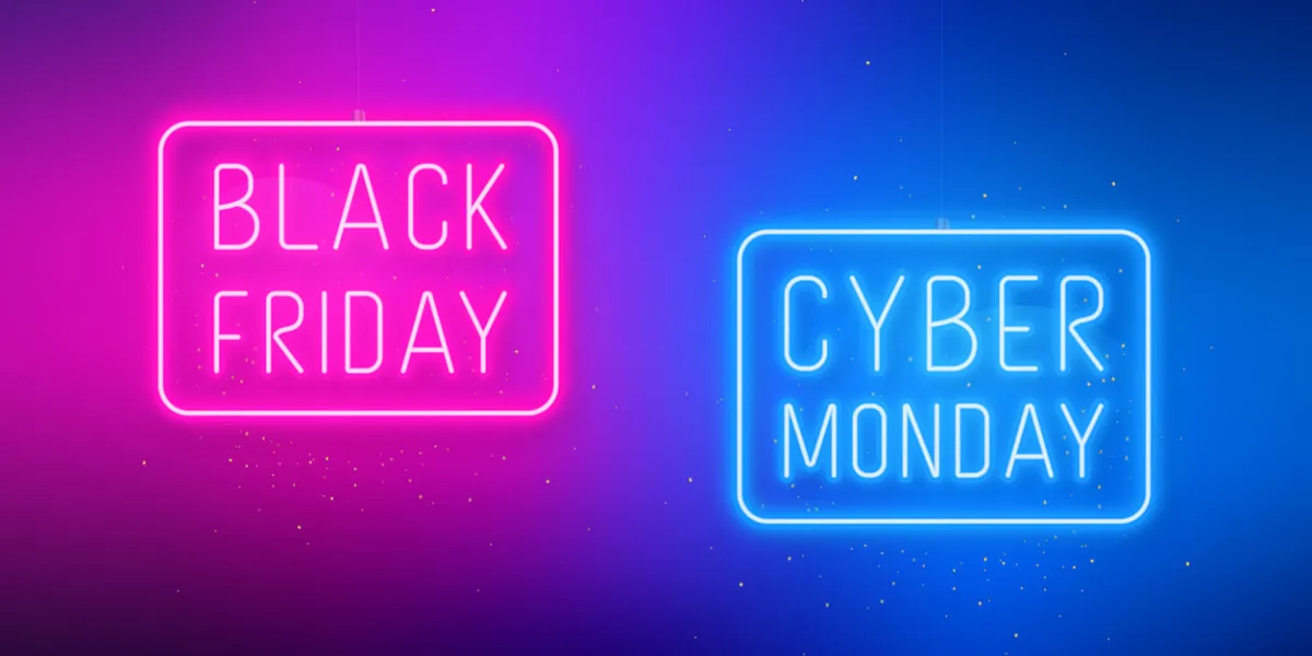 black friday, cyber monday banner hanging sale signboards on pink and blue bright background modern design with neon elements