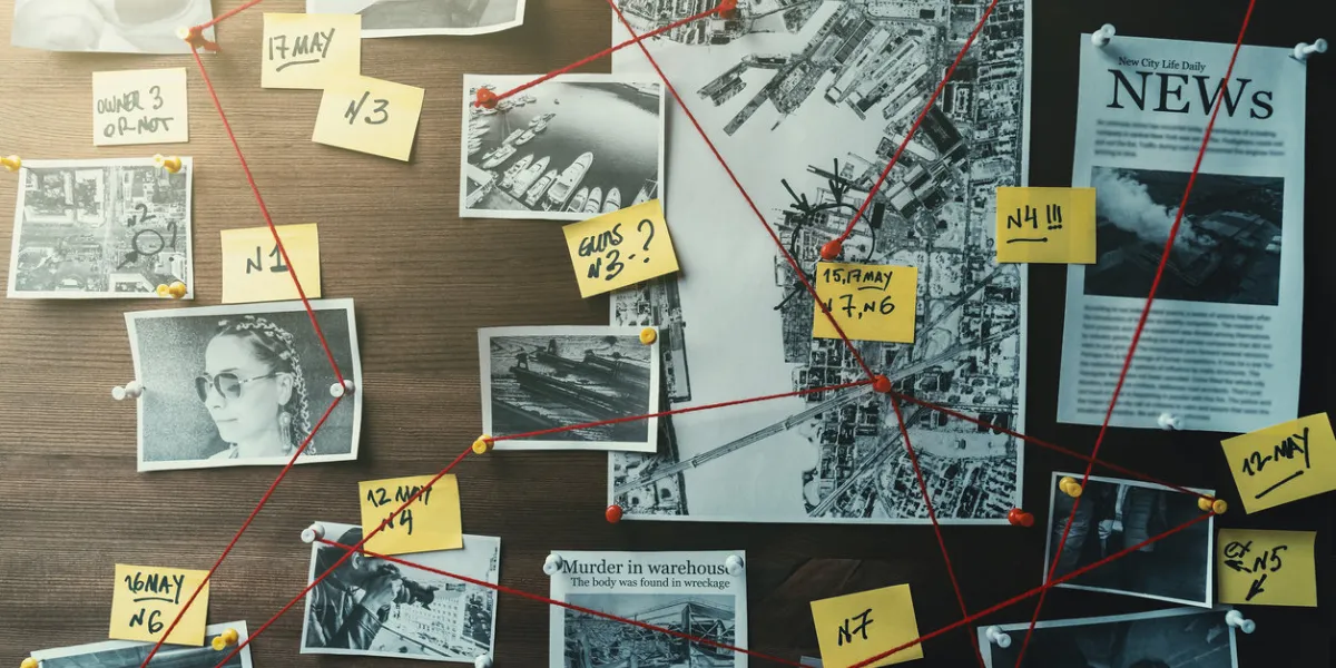 detective board with photos of suspected criminals, crime scenes and evidence with red threads, retro toned