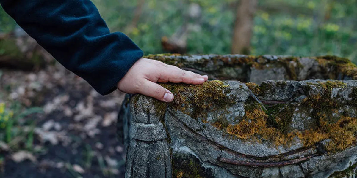close up of a man's hand on tombstone in old cemetery