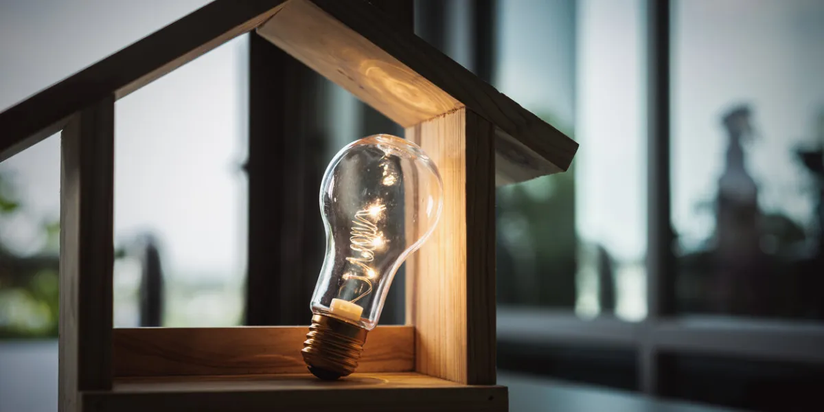 light bulb with wood house on the table, a symbol for construction, creative light bulb idea, power energy or business idea concept ecology, loan, mortgage, property or home