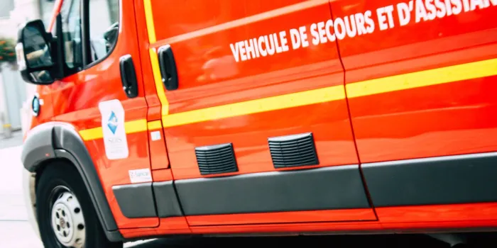 reims france july 23, 2018 view of a french fire engine in the street of reims in the afternoon