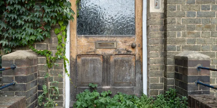 front door of a long abandoned house showing overgrown foliage and a heavily weathered wooden door