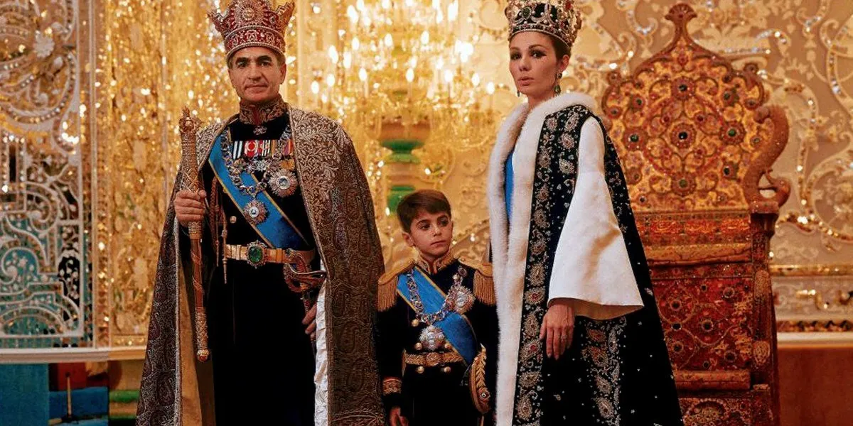 mohammed reza shah pahlavi (1919-1980) shah of iran 1941-1979, with his third wife farah diba and their son reza in ceremonial dress in front of throne photo by world history archive abacapresscom , brworldhistoryarchive20170818
