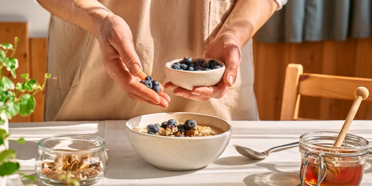 woman preparing healthy dieting vegan nutritious breakfast female hand putting blueberries in the bowl with oatmeal porridge with walnuts and honey