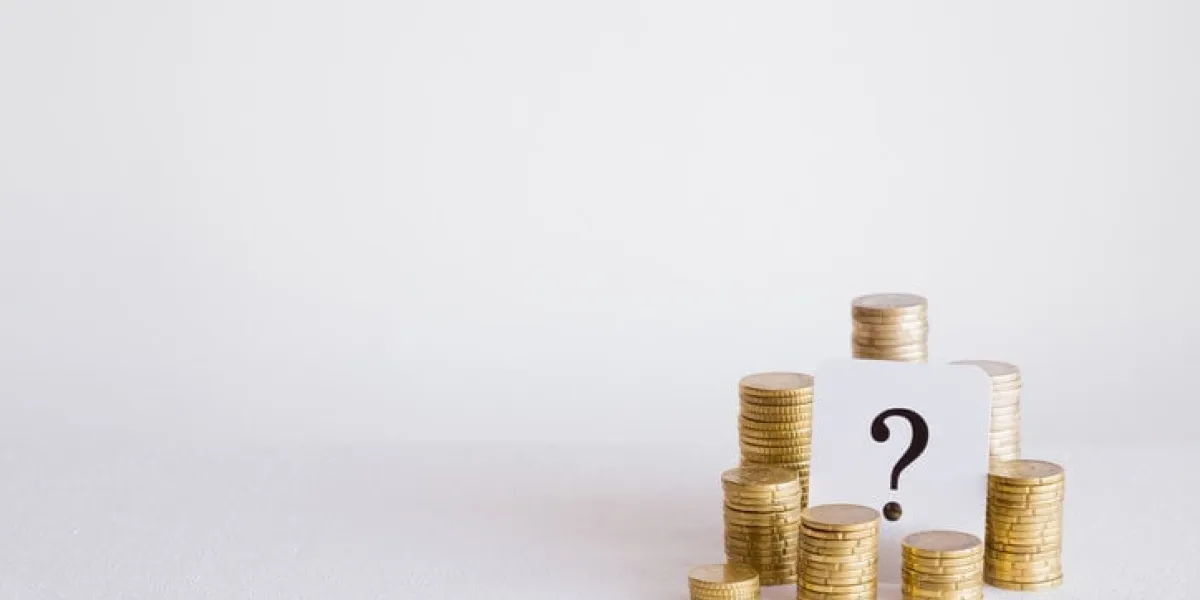 question mark with coins stack on the gray background money offer concept mock up for different business ideas empty place for a text