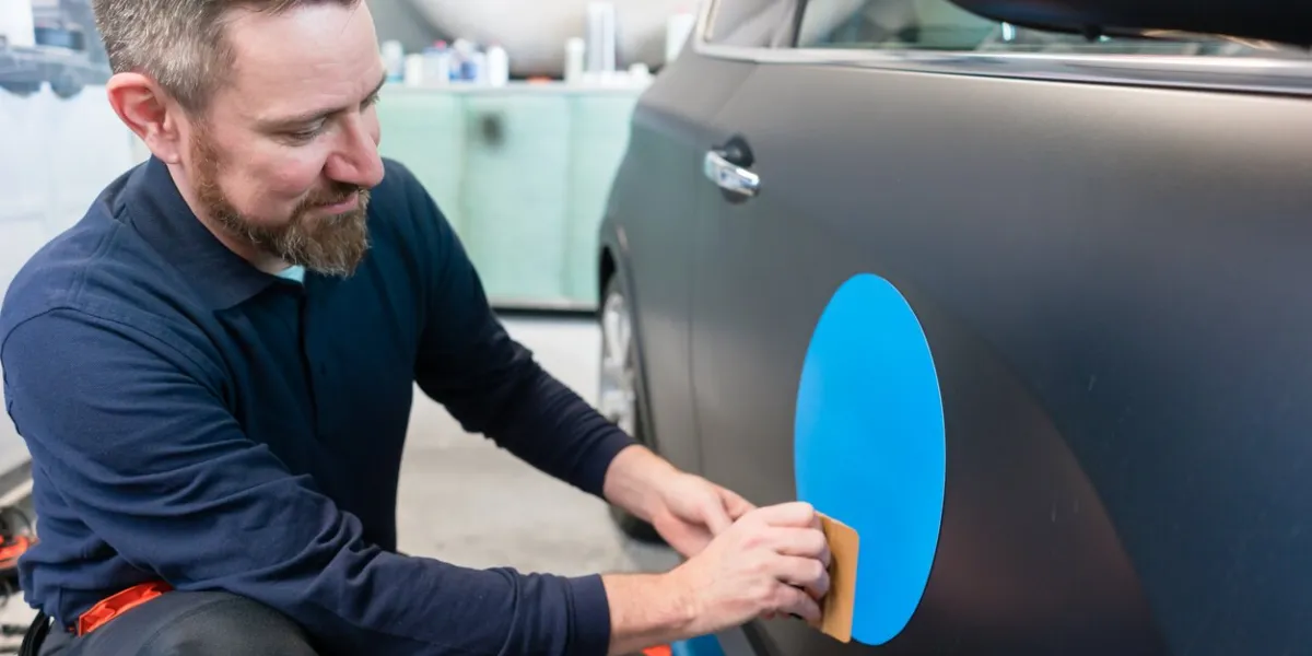 man putting promotional sticker with company slogan on a car