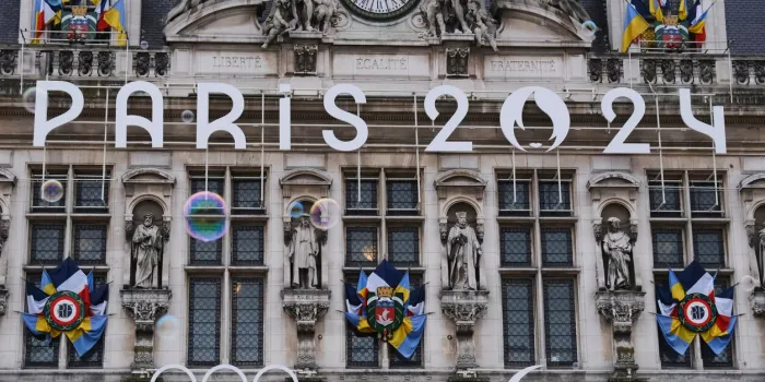 paris, france, april 29, 2024 the giant logo of the 2024 olympic games is installed in front of the city hall in paris, the city hosting the games in