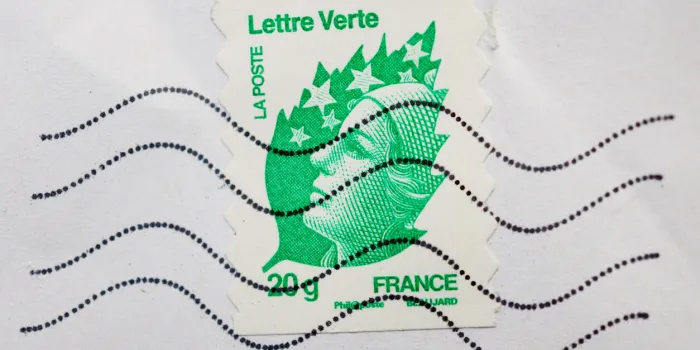 paris, france - december 30, 2013  postage stamp with national symbol of france - marianne issued by la poste, national postl service of france