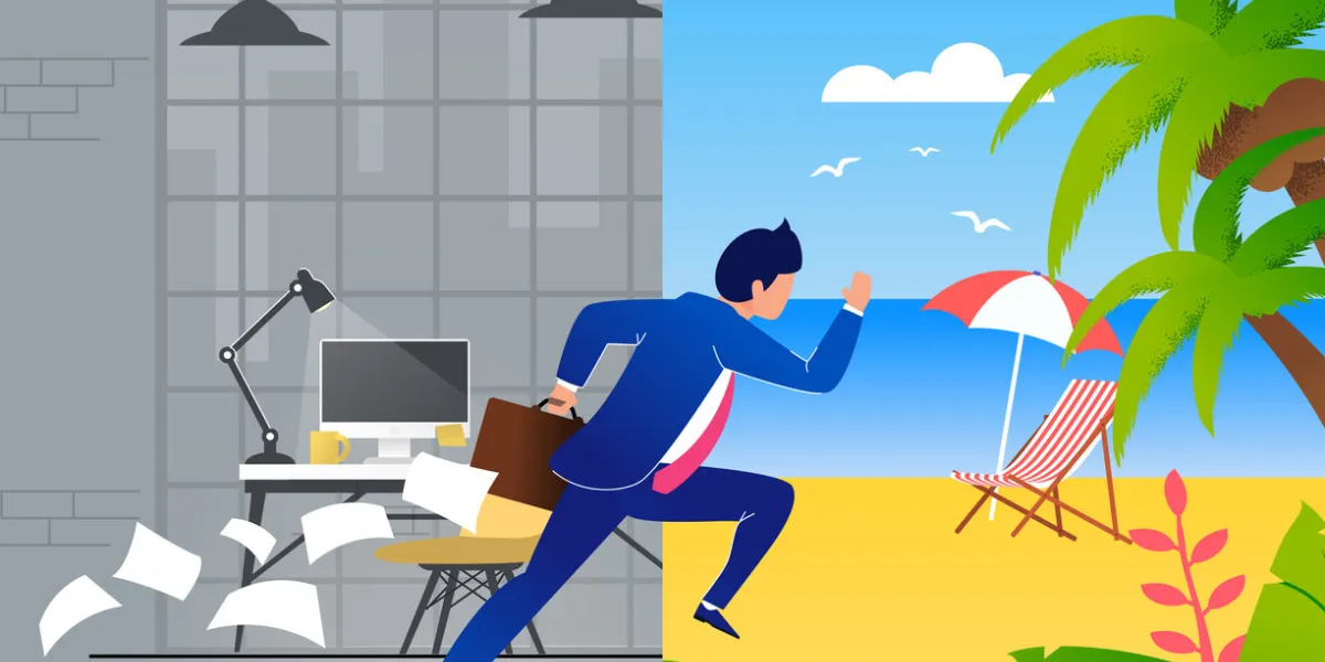 cartoon tired, exhausted, overworked businessman in suit escaping job and hurrying to rest on tropical beach vector creative illustration with dark office part and sunny tropical island