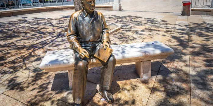 malaga, spain - may 20, 2019  pablo picasso statue at plaza de la merced square - malaga, andalusia, spain