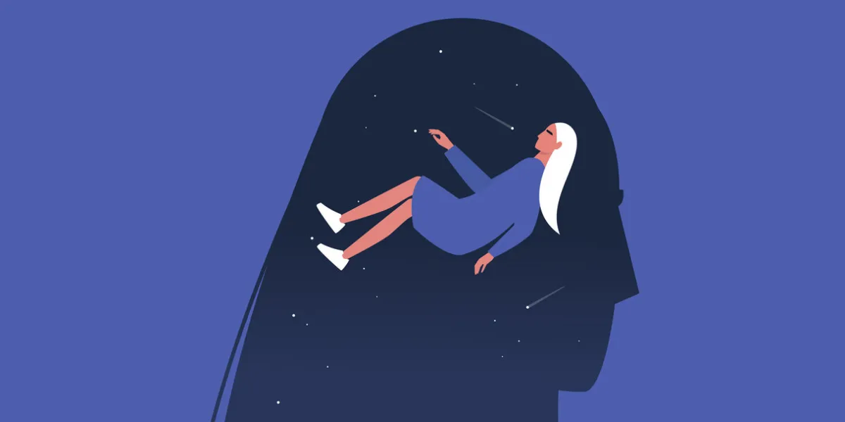 meditative mind, young female character levitating inside their own head, psychotherapy and balance, focus and meditation, psychedelic experience