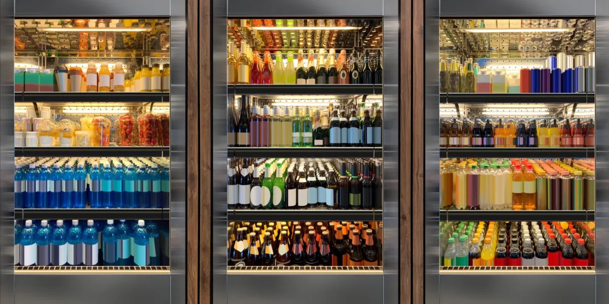 glass door fridges photo mockup soda pop cans, vine and beer bottles in vertical freezer at airport restaurantsuitable for presenting new cans and bottles among many others