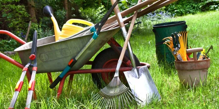 various gardening tools in the garden background