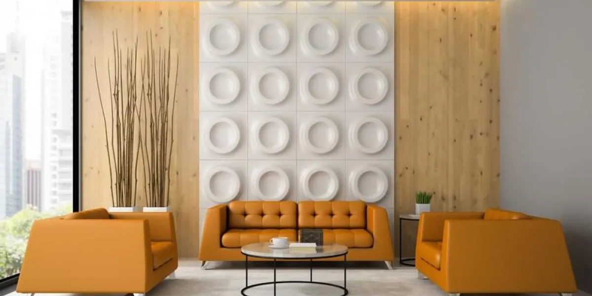 intérieur du salon avec fauteuils orange et canapé rendu 3d