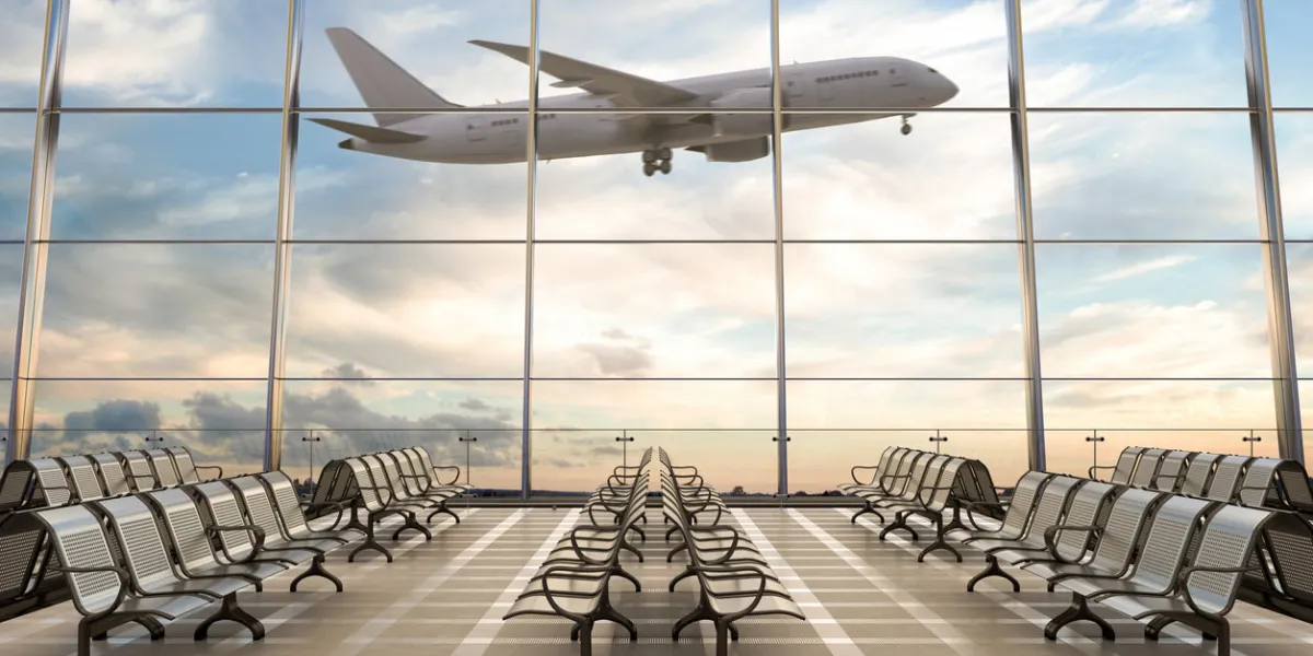 empty airport terminal lounge with airplane on background 3d illustration