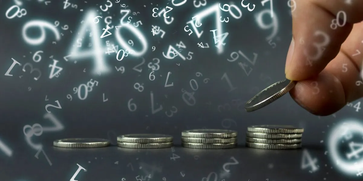numerology, hand puts coins, in a row in ascending order, against a dark background surrounded by numbers