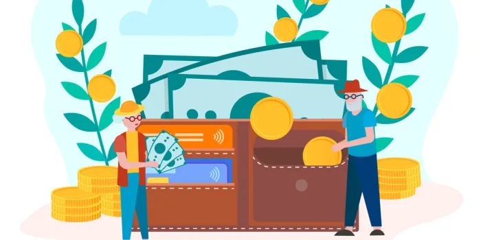 the concept of the deposit accumulation contribution to the pension account, the savings of pensioners pensioners put banknotes and coins in the purse, savings in old age vector illustration