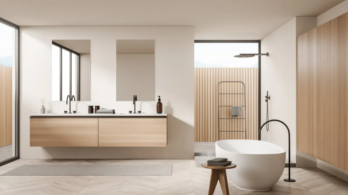 light bathing room interior with tub and two sinks with mirrors, douche and rail ladder on background, parquet floor and table 3d rendering