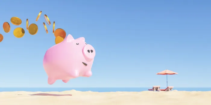 3d rendering of pink piggy bank with golden coins jumping over sandy beach near sunbed and umbrella placed at seafront against cloudless blue sky