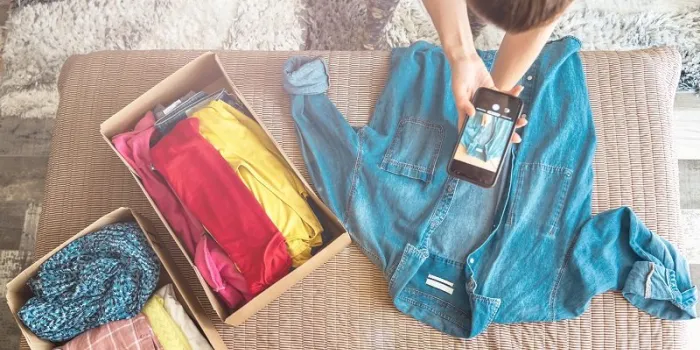 woman taking photo of denim shirt on smartphone to sell it on internet shop