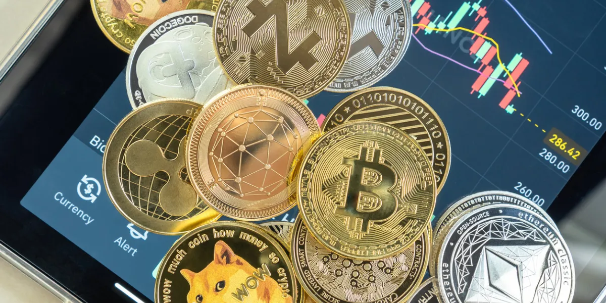 bangkok, thailand - 1 july 2021  cryptocurrency on binance trading app, bitcoin btc with altcoin digital coin crypto currency, bnb, ethereum, dogecoin, cardano, defi p2p decentralized fintech market