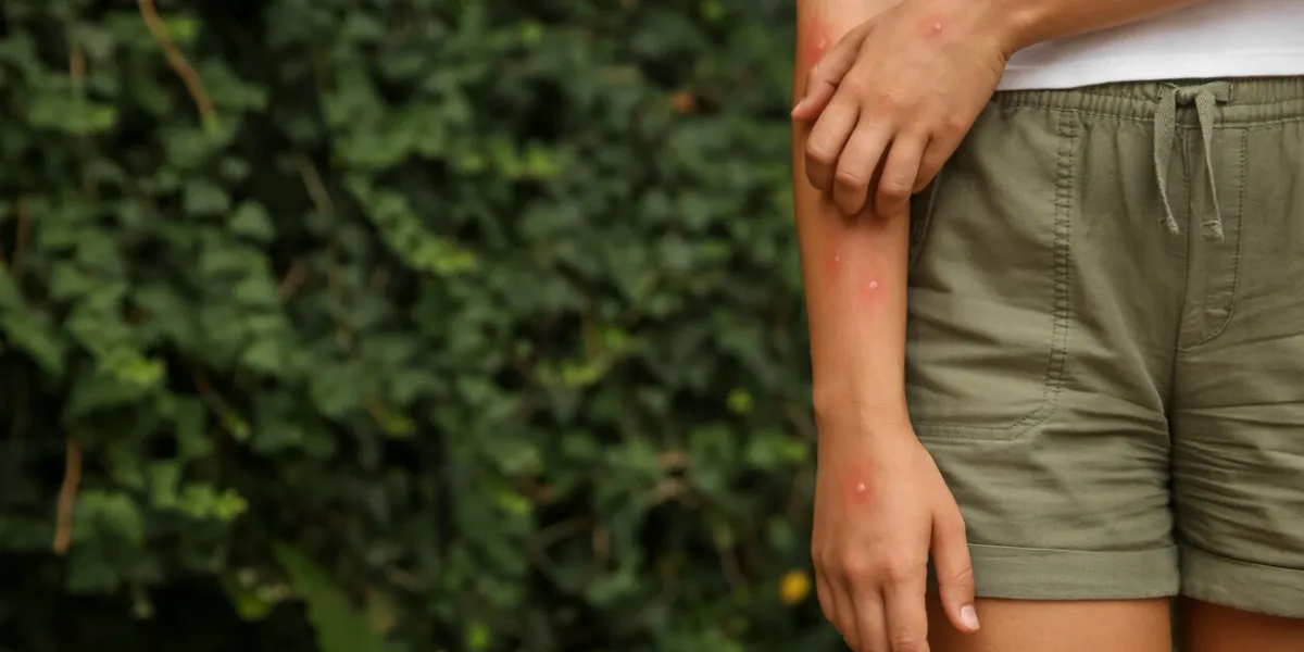 woman scratching arm with insect bites in park, closeup space for text