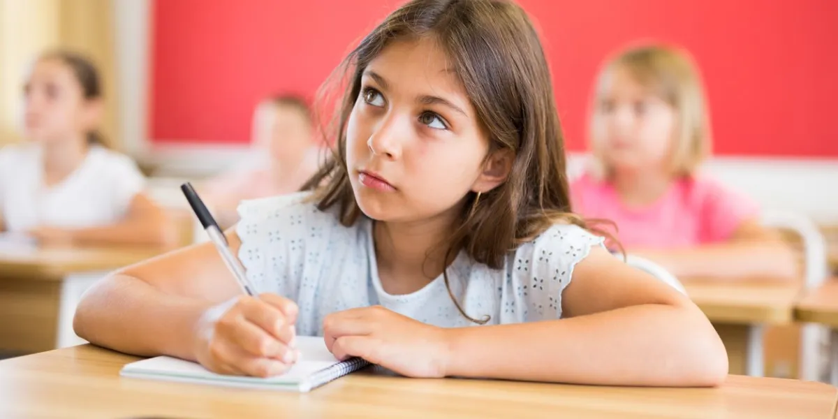portrait of cute intelligent schoolgirl who writing exercises at lesson in primary school