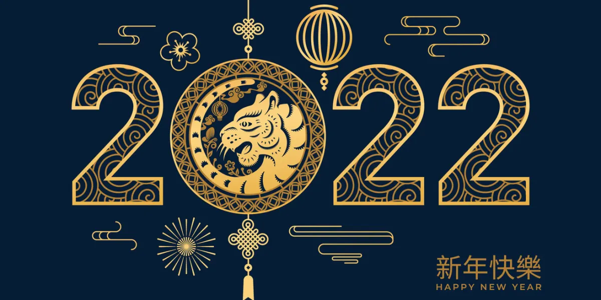 cny 2022 happy chinese new year text translation, golden tiger cat, lanterns and clouds, flower arrangements on blue background vector lunar festival decorations, china spring holiday mascots