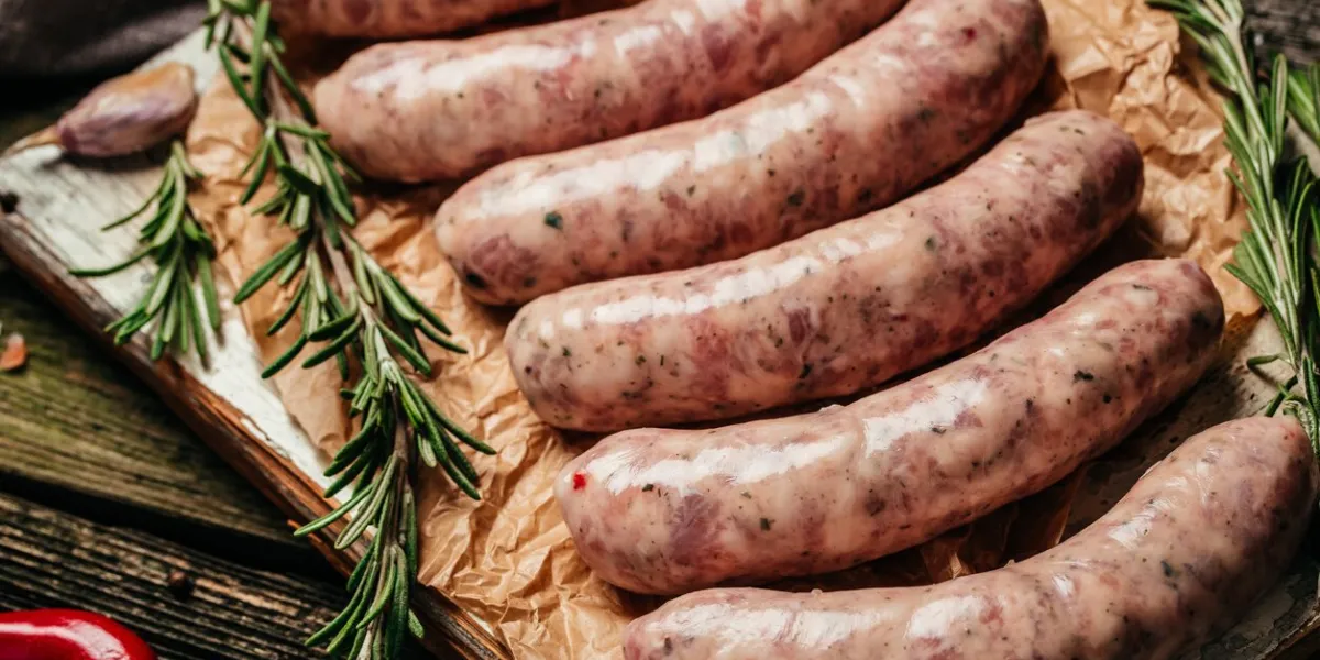 raw sausages with rosemary on a wooden background sausages for grilling food recipe background close up