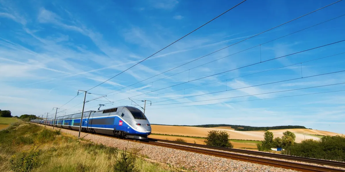 sens, france - 15 september  a french high speed train passing through a field