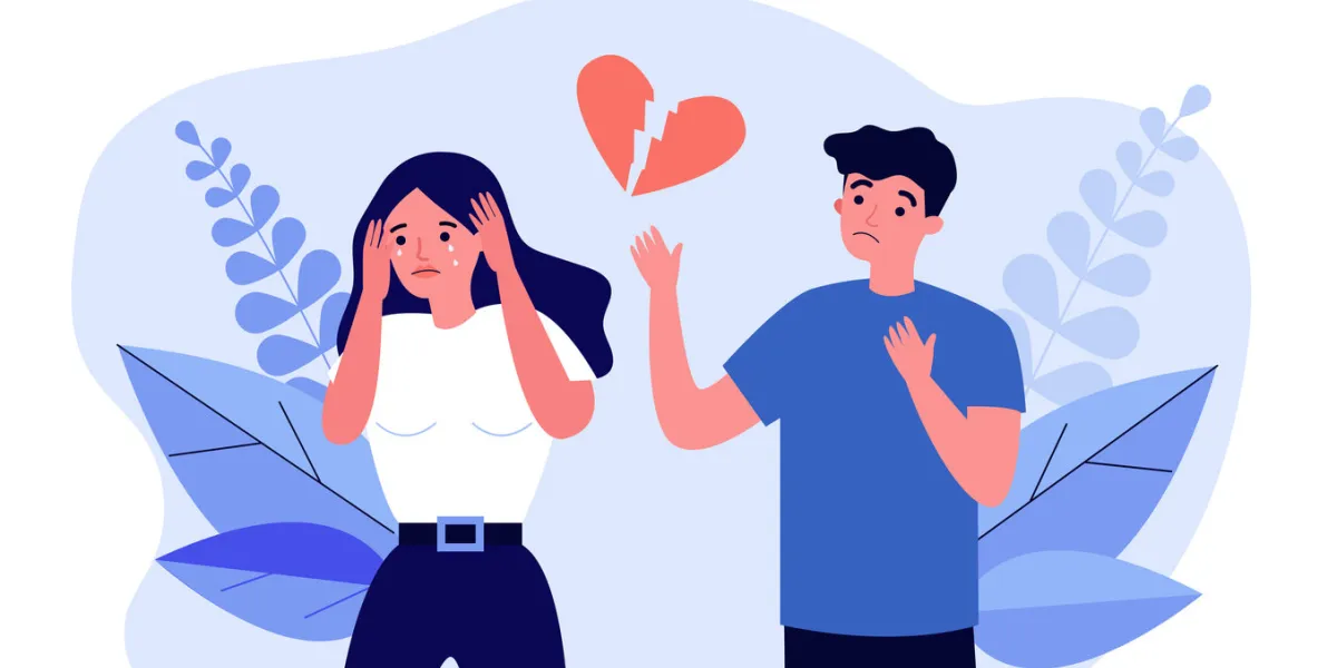 heartbroken couple splitting up stressed upset man and crying woman separating flat vector illustration breakup, unhappy relationship concept for banner, website design or landing web page