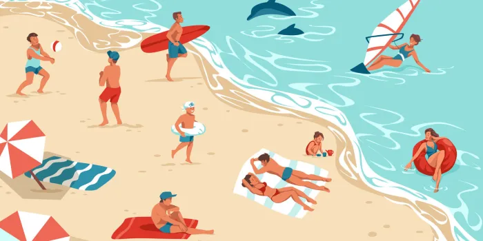 people on summer beach cartoon men and women rest on seashore cute happy persons sunbathing or surfing boys play with ball girl builds sand castle outdoor activities at sea vector illustration
