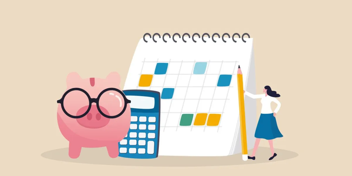 monthly cost or budget, expense to pay bill, mortgage or debt, plan for savings or investment, money management or credit card payment, smart woman plan her monthly budget with calendar and piggybank