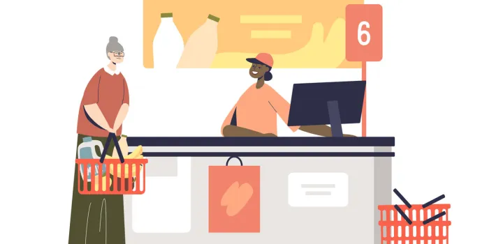 senior woman at supermarket cashier desk paying and purchasing grocery food in retail store older lady shopping mall customer store queue concept cartoon flat vector illustration