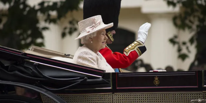 london, england - june 13, 2015  queen elizabeth ii in an open carriage with prince philip for trooping the colour 2015 to mark the queens official birthday, london, uk