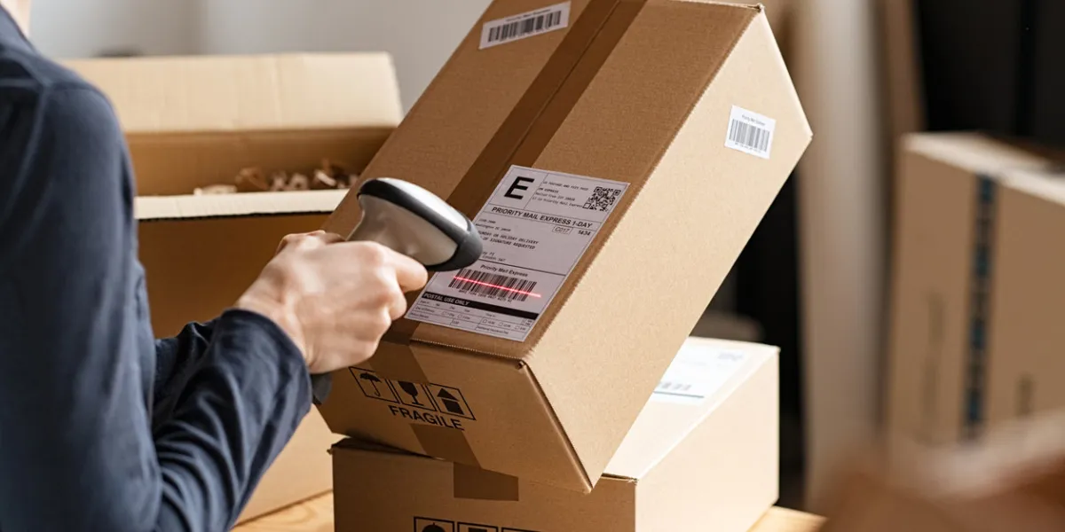 hands of young woman scanning barcode on delivery parcel worker scan barcode of cardboard packages before delivery at storage woman working in factory warehouse reading and scanning labels on the boxes with bluetooth barcode scanner