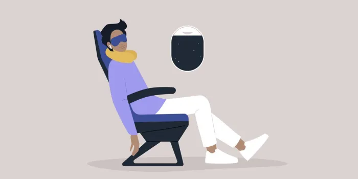 a very relaxed male character sleeping onboard, travel concept, a neck pillow and a mask for comfortable rest during the flight