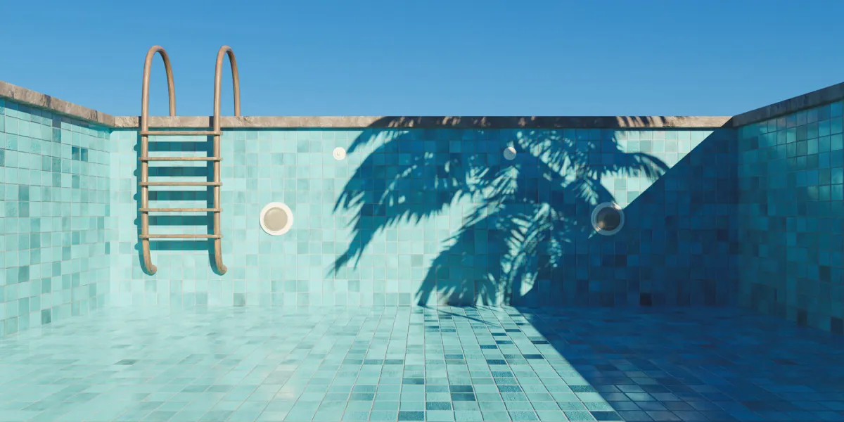 empty swimming pool with rusty stairs and tile floor concept start of summer 3d render